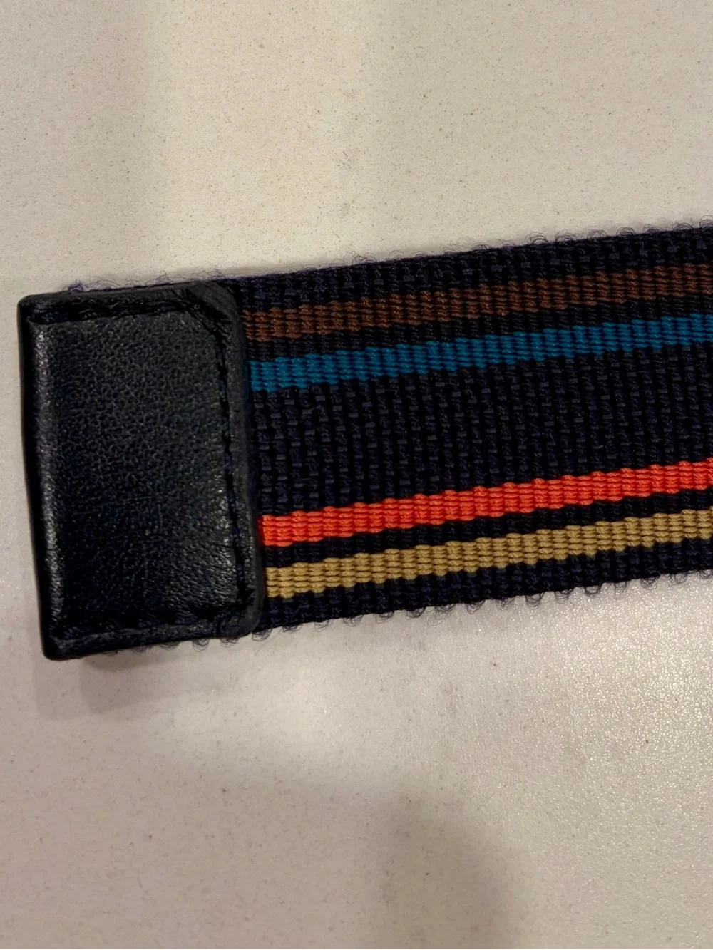 Paul Smith Signature Stripe Webbing Belt Black Leather Trim Matte D-Ring Size 38